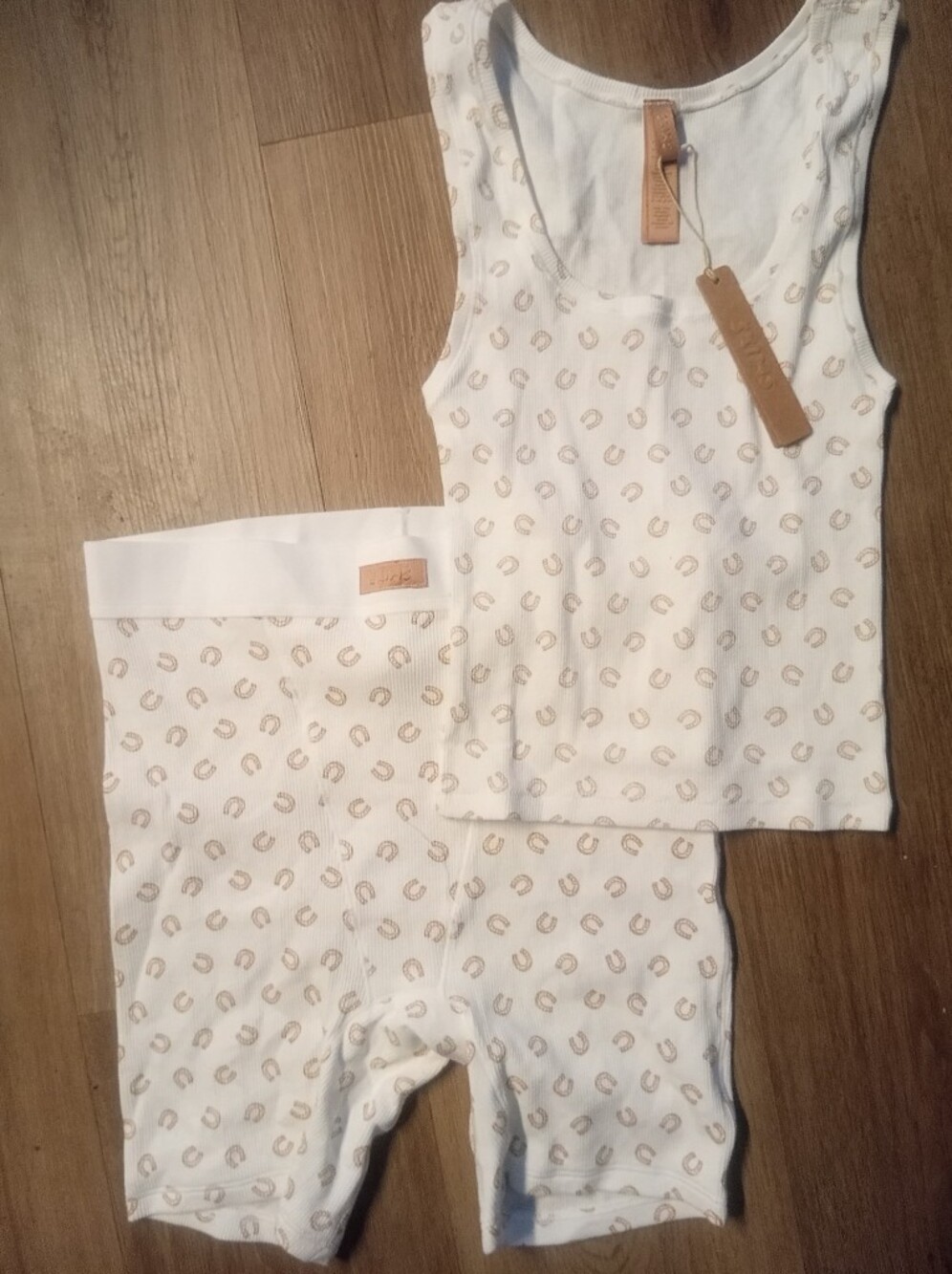 SKIMS White Ribbed Tank & Biker Short Set with Tan Horseshoe Print